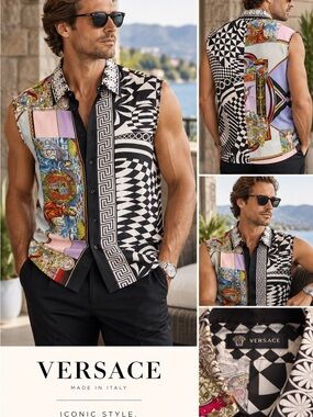 Versace Men’s 100% Silk Baroque Optical Print Sleeveless Shirt Size 38
